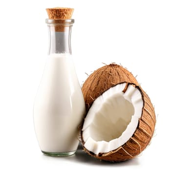 Coconut milk in a glass bottle garnished with a fresh coconut wedge and a sprinkle. Milk product isolated on transparent background