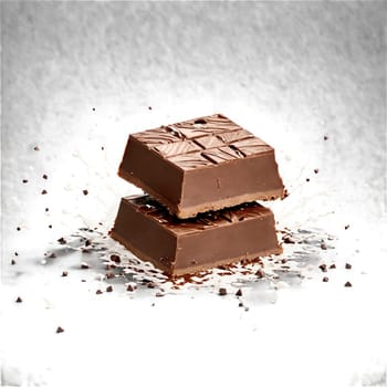 Milk chocolate squares stacked and tumbling with a splash of creamy liquid chocolate in the. Food isolated on transparent background.