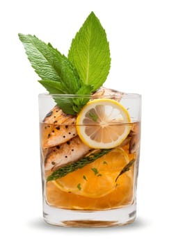 Iraqi Masgouf in clear glass garnished with few slices of grilled fish and sprig. Drink isolated on transparent background.