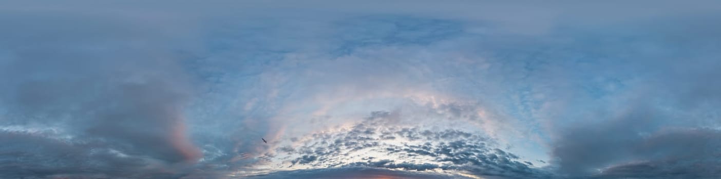Bright sunset sky panorama with Cirrus clouds. Seamless hdr spherical equirectangular 360 panorama. Sky dome or zenith for 3D visualization, game and sky replacement for aerial drone 360 panoramas.