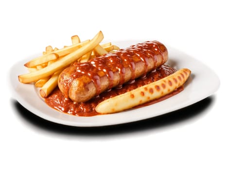 Currywurst Grilled pork sausages sliced and smothered in rich spicy curry ketchup sauce served. Food isolated on transparent background.