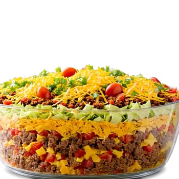 Taco salad with seasoned ground beef shredded lettuce diced tomatoes cheddar cheese and crushed tortilla. Food isolated on transparent background
