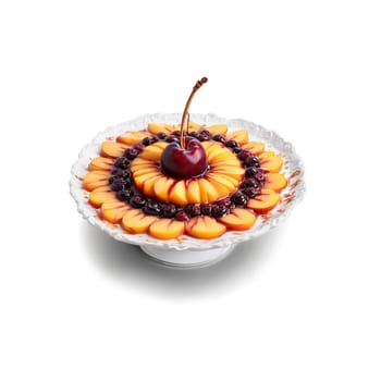 Fruit compote mandala an arrangement of peaches plums and cherries with syrup dripping and cinnamon. Food isolated on transparent background.