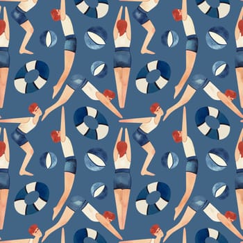 Seamless pattern with floating men in vintage style. Swimming. Watercolor illustration on blue background.