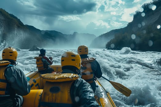Rafting on large rubber boat on mountain river, group people expedition down roaring rapids, adventure, extreme sport, adrenaline