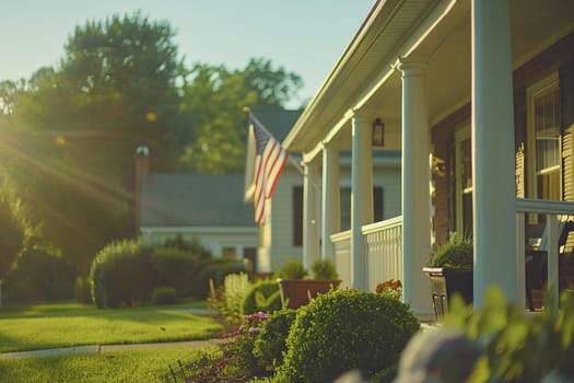 American flag flies in front of large traditional home in quiet neighborhood. Usa flag flies on home