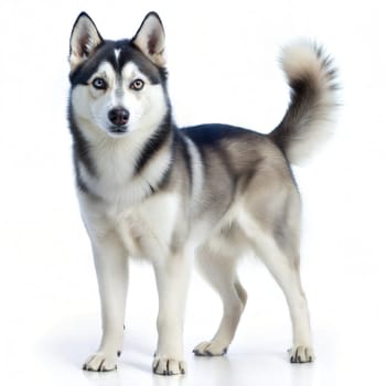 Sakhalin husky standing and looking at camera, isolated on white background. Ai generated image