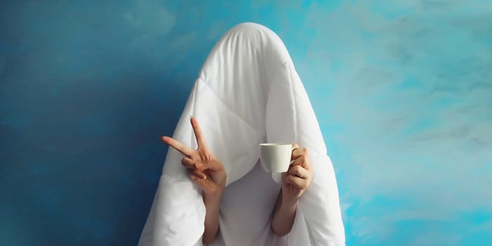 Cheerful lazy woman waking up after sleeping covered head with white soft blanket holds cup of coffee on blue background at home