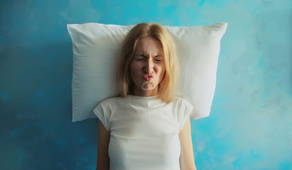 Upset sad crying woman closed her eyes lying on the pillow while experiencing insomnia suffering at home