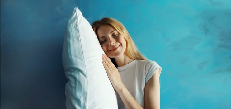 Healthy sleep, happy relaxed sleepy young woman on white soft comfortable pillow imagining that she is lying on the bed