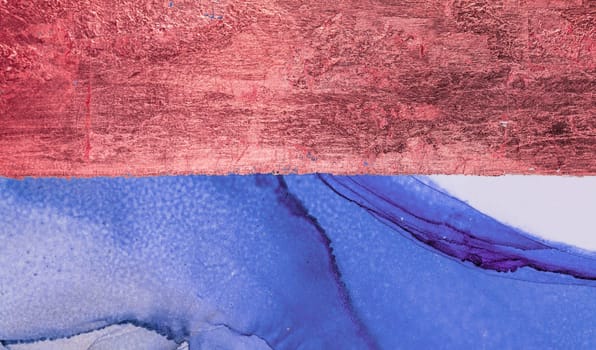 blend of blue and purple fluid shapes intertwines elegantly, accented by copper lines against a clean white background.