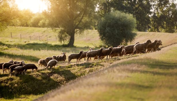 Flock Of Sheep At Sunset Paints Serene Picture