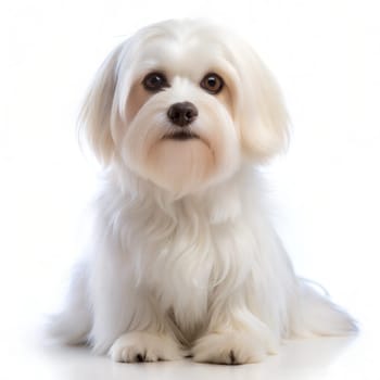 Cute Maltese dog, sitting and looking at the camera, Isolated on white background. Ai generated image