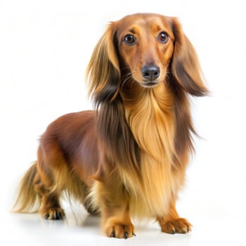 Cute smooth longhaired Dachshund dog aka teckel, standing up facing front. Looking towards camera. Isolated on a white background. High quality photo