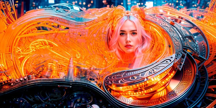 abstract image of a cyber woman surrounded by mechanical parts against a city background. Cyberpunk. Generative AI