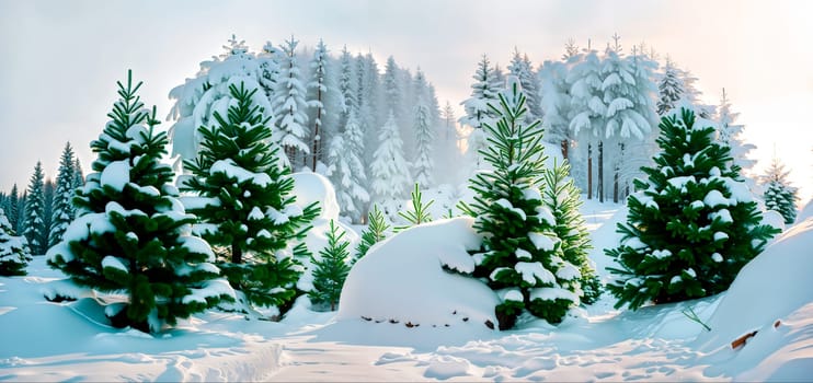 a snowy landscape with evergreen trees and snow on the ground and a sky background with clouds and sun shining,winter. Generative AI