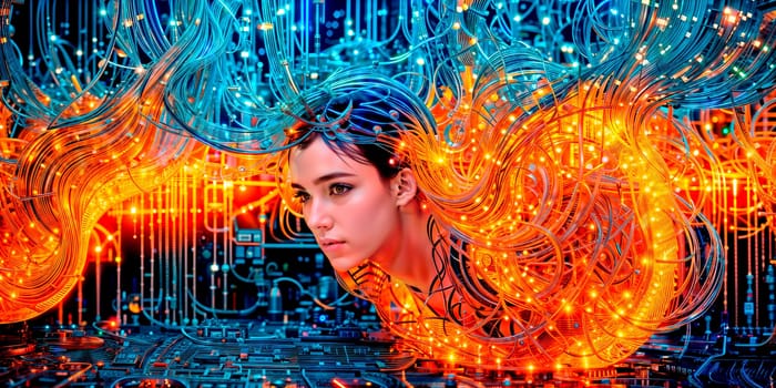 A cybernetic woman connected via a large number of cables to the World Wide Web. Cyberpunk. Generative AI