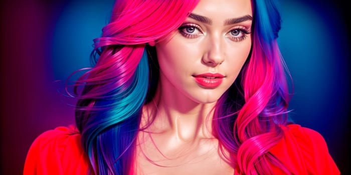 High Fashion model woman in colorful bright lights posing, portrait of beautiful girl with trendy make-up. Art design, colorful make up. Over colorful vivid background. nightclub dancer. Generative AI