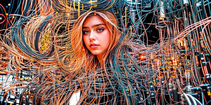 A cybernetic woman connected via a large number of cables to the World Wide Web. Cyberpunk. Generative AI