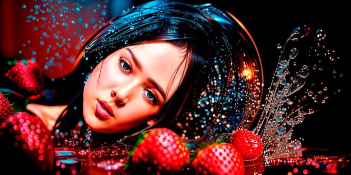 A girl with wet hair and splashes of water on a background of strawberries. Generative AI