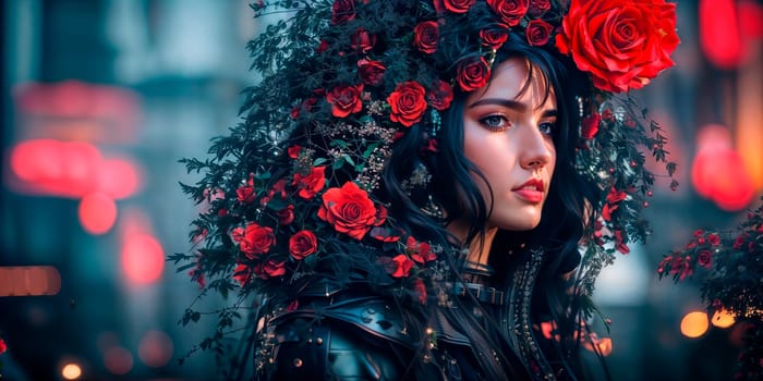 Girl with rose flowers in her hair against the backdrop of the city in neon light, cyberpunk art, fantasy art. Generative AI