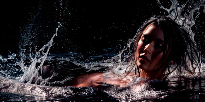 A woman is submerged in water with wet hair, water splashing around her. Generative AI