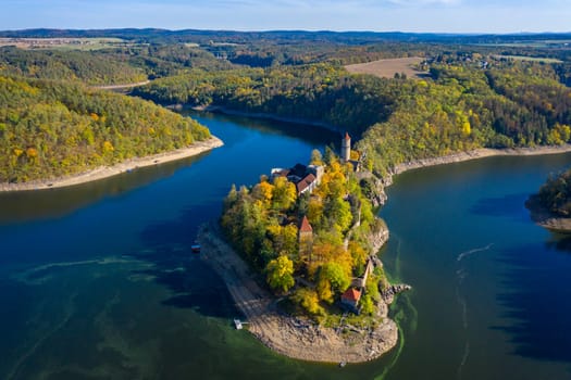 Aerial view of Zvikov castle, Czechia. Zvikov castle at the junction of the Vltava and Otava rivers, South Bohemian Region. Zvikov Castle in south of Bohemia in Czech Republic.
