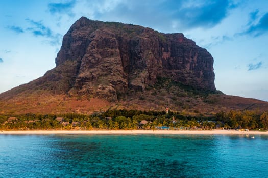 Aerial view of Mauritius island panorama and famous Le Morne Brabant mountain, beautiful blue lagoon. Aerial view of Le morne Brabant in Mauriutius.