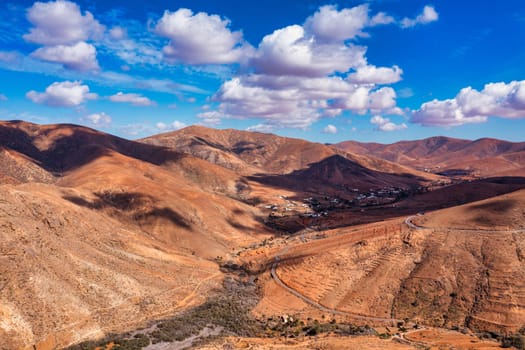 Betancuria National Park on the Fuerteventura Island, Canary Islands, Spain. Spectacular view of the picturesque mountain landscape from the drone of the Betancuria National Park in Fuerteventura