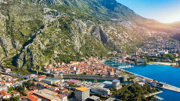 Aerial view of the old town of Kotor, Montenegro. Bay of Kotor bay is one of the most beautiful places on Adriatic Sea. Historical Kotor Old town and the Kotor bay of Adriatic sea, Montenegro.