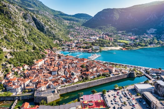 Aerial view of the old town of Kotor, Montenegro. Bay of Kotor bay is one of the most beautiful places on Adriatic Sea. Historical Kotor Old town and the Kotor bay of Adriatic sea, Montenegro.