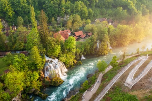 Village of Rastoke near Slunj in Croatia, old water mills on waterfalls of Korana river, beautiful countryside landscape. Landscape with river and little waterfalls in Rastoke village, Croatia.