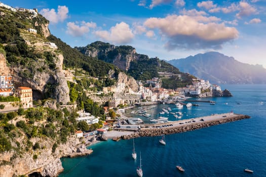 View of beautiful Amalfi town, Campania, Italy. Amalfi coast is most popular travel and holiday destination in Europe. Amalfi cityscape on coast line of mediterranean sea, Amalfi coast, Italy.
