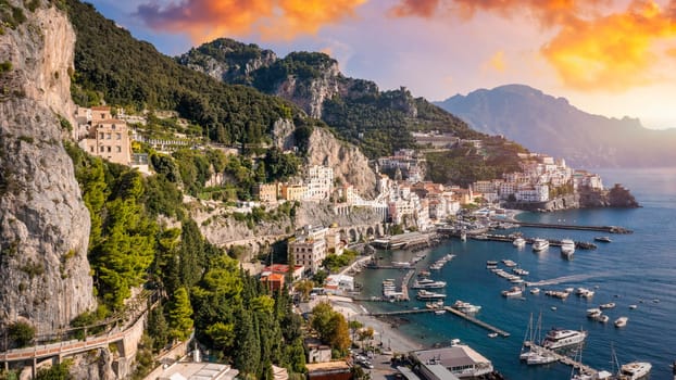 View of beautiful Amalfi town, Campania, Italy. Amalfi coast is most popular travel and holiday destination in Europe. Amalfi cityscape on coast line of mediterranean sea, Amalfi coast, Italy.
