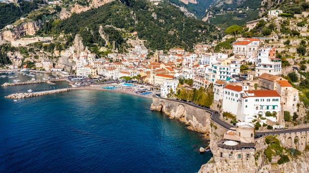 View of beautiful Amalfi town, Campania, Italy. Amalfi coast is most popular travel and holiday destination in Europe. Amalfi cityscape on coast line of mediterranean sea, Amalfi coast, Italy.