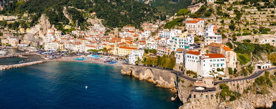 View of beautiful Amalfi town, Campania, Italy. Amalfi coast is most popular travel and holiday destination in Europe. Amalfi cityscape on coast line of mediterranean sea, Amalfi coast, Italy.
