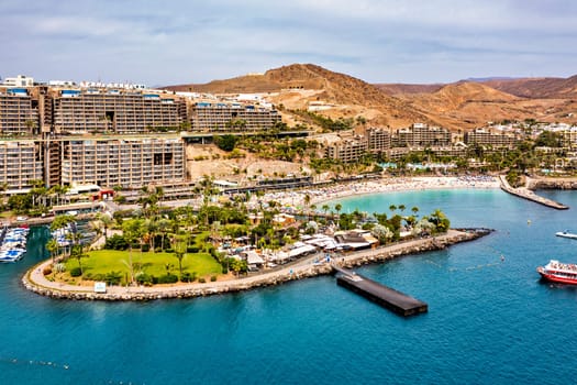 Aerial view with Anfi beach and resort, Gran Canaria, Spain. Playa Anfi del Mar, beautifull beach on Gran Canaria Island, Spain. Beach Anfi del Mar on Gran Canaria, Canary Islands, Spain.