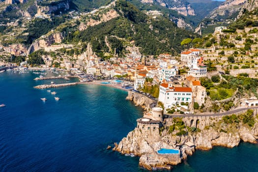 View of beautiful Amalfi town, Campania, Italy. Amalfi coast is most popular travel and holiday destination in Europe. Amalfi cityscape on coast line of mediterranean sea, Amalfi coast, Italy.