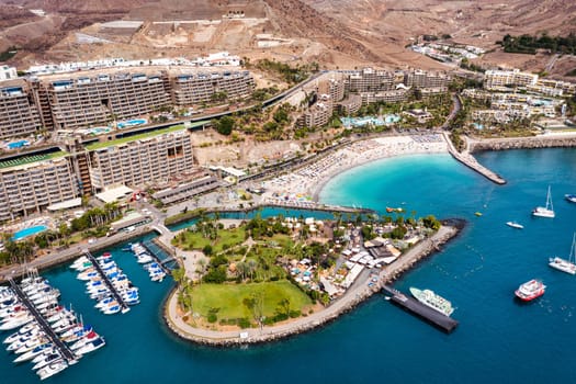 Aerial view with Anfi beach and resort, Gran Canaria, Spain. Playa Anfi del Mar, beautifull beach on Gran Canaria Island, Spain. Beach Anfi del Mar on Gran Canaria, Canary Islands, Spain.