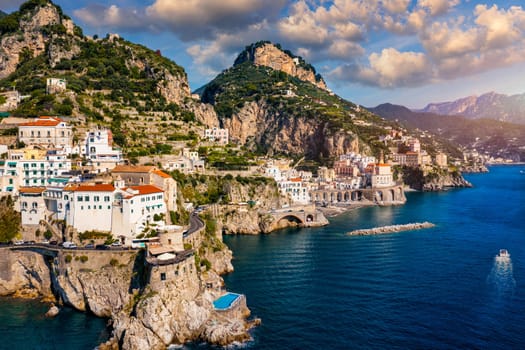 Aerial view of Atrani famous coastal village located on Amalfi Coast, Italy. Small town Atrani on Amalfi Coast in province of Salerno, Campania region, Italy. Atrani town on Amalfi coast, Italy.