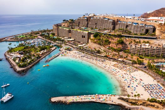 Aerial view with Anfi beach and resort, Gran Canaria, Spain. Playa Anfi del Mar, beautifull beach on Gran Canaria Island, Spain. Beach Anfi del Mar on Gran Canaria, Canary Islands, Spain.