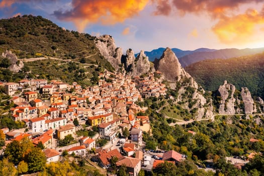 The picturesque village of Castelmezzano, province of Potenza, Basilicata, Italy. Cityscape aerial view of medieval city of Castelmazzano, Italy. Castelmezzano village in Apennines Dolomiti Lucane.