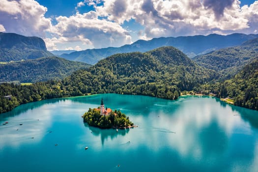 Lake Bled in Slovenia. Beautiful mountains and Bled lake with small Pilgrimage Church. Bled lake and island with Pilgrimage Church of the Assumption of Maria. Bled, Slovenia, Europe.