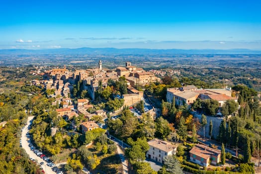 Village of Montepulciano with wonderful architecture and houses. A beautiful old town in Tuscany, Italy. Aerial view of the medieval town of Montepulciano, Italy