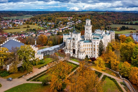Hluboka Castle, historic chateau in Hluboka nad Vltavou in South Bohemia, Czech Republic. Famous Czech castle Hluboka nad Vltavou, medieval building with beautiful park. Prague, Czechia.