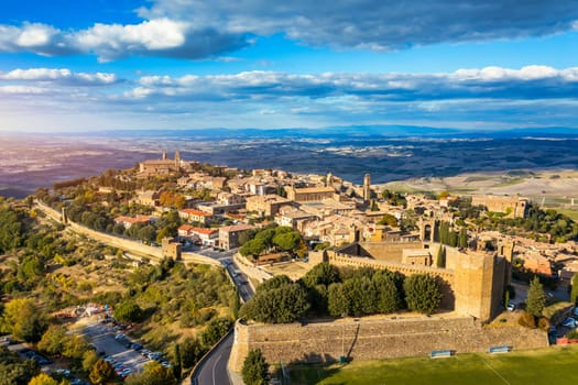 View of Montalcino town, Tuscany, Italy. The town takes its name from a variety of oak tree that once covered the terrain. View of the medieval Italian town of Montalcino. Tuscany