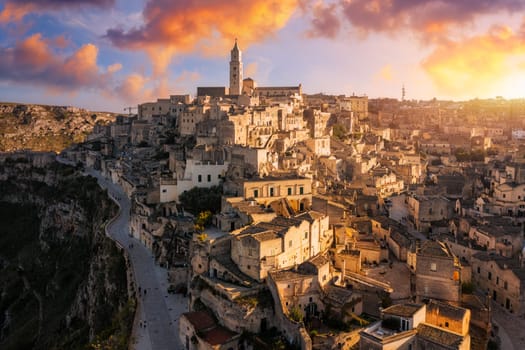 Panoramic view of the ancient town of Matera (Sassi di Matera) in a beautiful autumn day, Basilicata, southern Italy. Stunning view of the village of Matera. Matera is a city on a rocky outcrop.