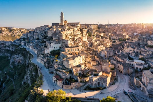 Panoramic view of the ancient town of Matera (Sassi di Matera) in a beautiful autumn day, Basilicata, southern Italy. Stunning view of the village of Matera. Matera is a city on a rocky outcrop.