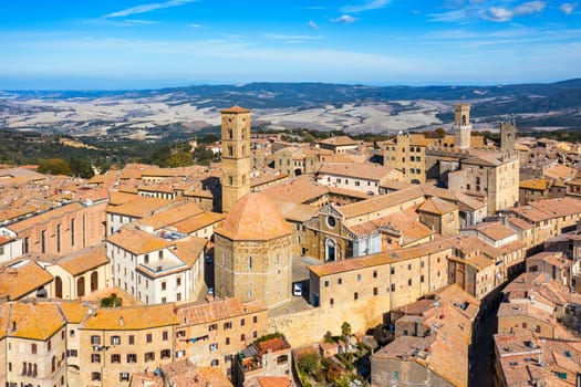 Tuscany, Volterra town skyline, church and panorama view. Maremma, Italy, Europe. Panoramic view of Volterra, medieval Tuscan town with old houses, towers and churches, Tuscany, Italy.