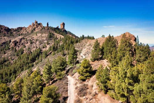 Roque Nublo and Pico de Teide in the background on Gran Canaria Island, Spain. Panoramic view of Roque Nublo sacred mountain, Roque Nublo Rural Park, Gran Canary, Canary Islands, Spain.
